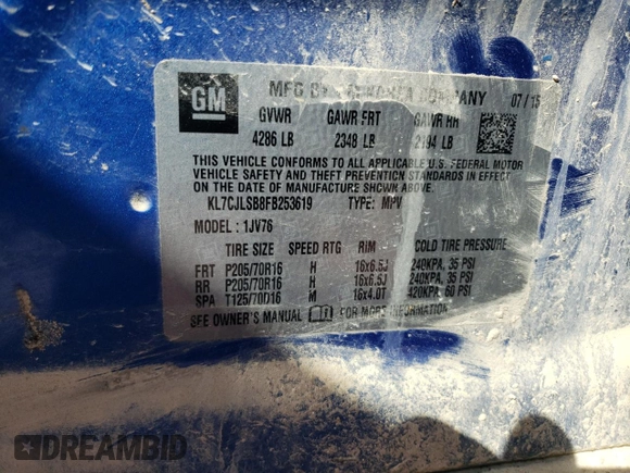 2015 Chevrolet Trax LT with VIN KL7CJLSB8FB253619, listed as a Copart auction lot 47884945 with 103,218 mi miles and Salvage Title. Bid and sale history available at carsss.com. Image 13.