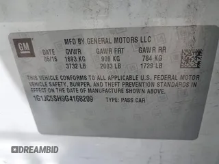 2016 Chevrolet Sonic LT with VIN 1G1JC5SH9G4168209, listed as a IAAI auction lot 42567065 with 175,845 mi miles and . Bid and sale history available at DreamBid. Image 9.