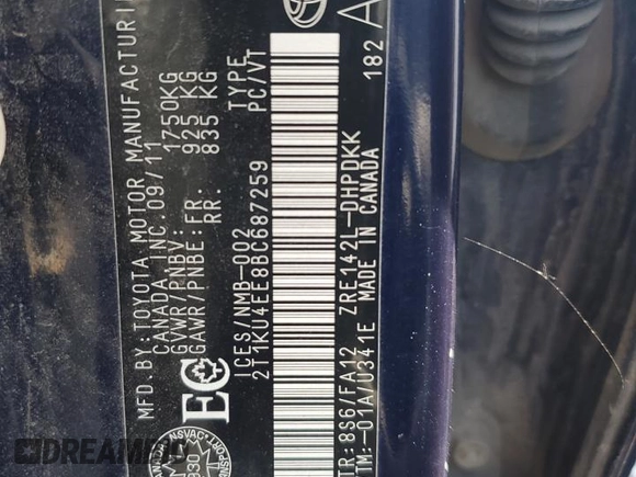 2011 Toyota Matrix with VIN 2T1KU4EE8BC687259, listed as a Copart auction lot 57562185 with 296,192 mi miles and Salvage title. Bid and sale history available at DreamBid. Image 13.