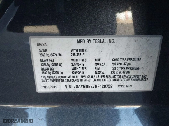 2024 Tesla Model Y Long Range with VIN 7SAYGDEE7RF120759, listed as a IAAI auction lot 41396080 with NaN miles. Bid and sale history available at carsss.com. Image 9.