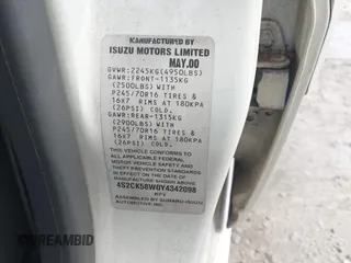 2000 Isuzu Rodeo S z VIN 4S2CK58W0Y4342098, wystawiony jako IAAI lot #42305343 z przebiegiem 150 367 mil mil oraz . Historia ofert i sprzedaży dostępna na DreamBid. Obrazek 9.
