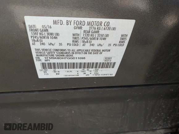 2016 Ford Explorer XLT with VIN 1FM5K8DH7GGD11095, listed as a IAAI auction lot 42024818 with 126,508 mi miles and . Bid and sale history available at DreamBid. Image 9.