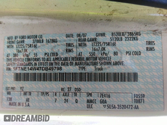 2007 Ford Econoline Cargo Commercial z VIN 1FTNE14W47DB49798, wystawiony jako IAAI lot #42301270 z przebiegiem 361 650 mil mil oraz . Historia ofert i sprzedaży dostępna na DreamBid. Obrazek 9.