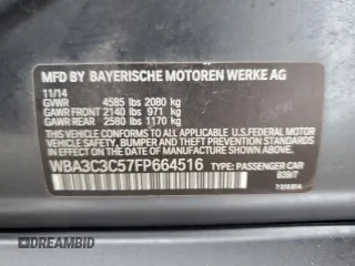 2015 BMW 3 Series 320i xDrive with VIN WBA3C3C57FP664516, listed as a Copart auction lot 50947495 with 46,686 mi miles and Salvage Title. Bid and sale history available at carsss.com. Image 12.