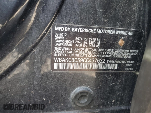 2012 BMW 7 Series 750Li xDrive with VIN WBAKC8C59CC437632, listed as a Copart auction lot 55965025 with 170,255 mi miles and Clean title. Bid and sale history available at DreamBid. Image 12.