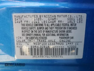 2020 Nissan Sentra SV z VIN 3N1AB8CV6LY208286, wystawiony jako Copart lot #58411735 z przebiegiem 36 808 mil mil oraz Szkoda całkowita • Salvage title. Historia ofert i sprzedaży dostępna na DreamBid. Obrazek 13.