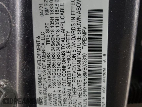 2021 Honda Pilot EX-L with VIN 5FNYF6H58MB073810, listed as a Copart auction lot 42086065 with Not Provided miles and Salvage Title. Bid and sale history available at carsss.com. Image 13.