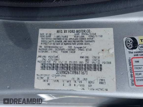 2009 Lincoln MKZ with VIN 3LNHM26T39R611671, listed as a IAAI auction lot 41863323 with 180,734 mi miles and . Bid and sale history available at DreamBid. Image 9.