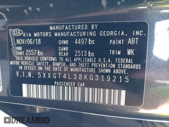 2019 Kia Optima LX z VIN 5XXGT4L38KG319215, wystawiony jako IAAI lot #42226251 z przebiegiem 70 449 mil mil oraz . Historia ofert i sprzedaży dostępna na DreamBid. Obrazek 9.