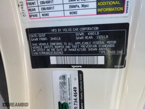 2007 Volvo C70 with VIN YV1MC68237J022963, listed as a Copart auction lot 51947535 with 160,258 mi miles and Salvage Title. Bid and sale history available at carsss.com. Image 13.