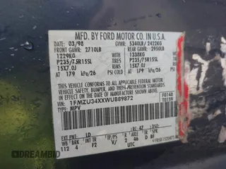1998 Ford Explorer XL с VIN 1FMZU34XXWUB89872, выставлен на аукционе IAAI как лот 41586528 с пробегом 153 972 миль миль и . История ставок и продаж доступна на DreamBid. Изображение 9.