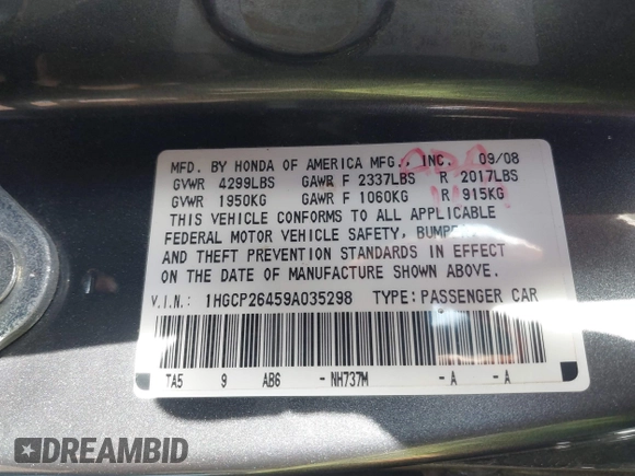 2009 Honda Accord LX-P with VIN 1HGCP26459A035298, listed as a IAAI auction lot 41735076 with 142,131 mi miles and . Bid and sale history available at DreamBid. Image 9.
