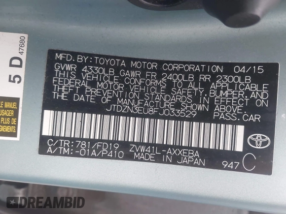 2015 Toyota Prius Two with VIN JTDZN3EU8FJ033529, listed as a IAAI auction lot 42235439 with 102,513 mi miles and . Bid and sale history available at DreamBid. Image 9.