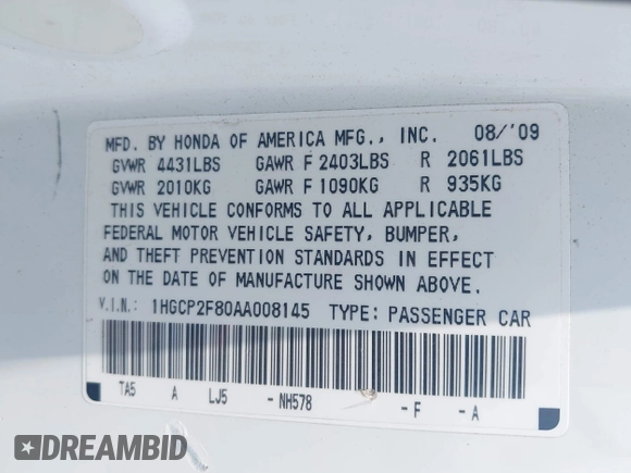 2010 Honda Accord EX-L z VIN 1HGCP2F80AA008145, wystawiony jako IAAI lot #42436858 z przebiegiem 162 739 mil mil oraz . Historia ofert i sprzedaży dostępna na DreamBid. Obrazek 9.