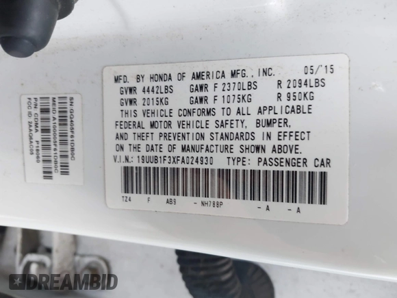 2015 Acura TLX with VIN 19UUB1F3XFA024930, listed as a IAAI auction lot 42105852 with 208,776 mi miles and . Bid and sale history available at DreamBid. Image 9.