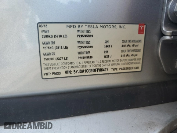 2013 Tesla Model S z VIN 5YJSA1CG9DFP06427, wystawiony jako Copart lot #59515845 z przebiegiem 49 446 mil mil oraz Szkoda całkowita • Salvage title. Historia ofert i sprzedaży dostępna na DreamBid. Obrazek 12.
