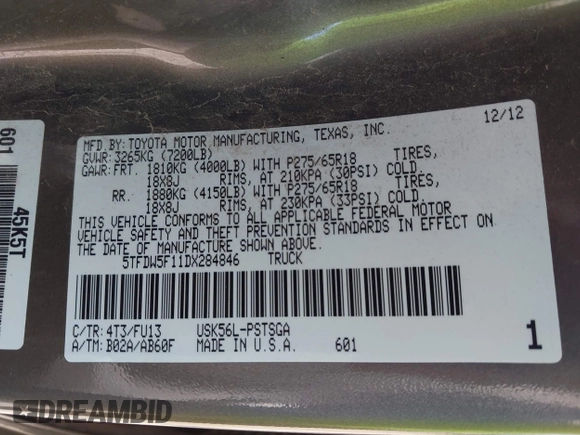 2013 Toyota Tundra with VIN 5TFDW5F11DX284846, listed as a IAAI auction lot 42199103 with 229,535 mi miles and . Bid and sale history available at DreamBid. Image 9.