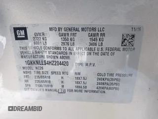 2017 GMC Acadia SLE with VIN 1GKKNLLS4HZ204420, listed as a IAAI auction lot 41597516 with 87,020 mi miles and . Bid and sale history available at DreamBid. Image 9.