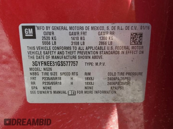 2016 Cadillac SRX Luxury Collection with VIN 3GYFNEE31GS577757, listed as a Copart auction lot 56306455 with 57,873 mi miles and Salvage title. Bid and sale history available at DreamBid. Image 13.