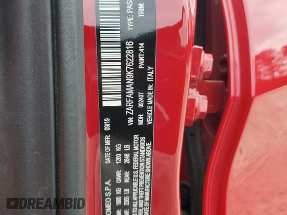 2019 Alfa Romeo Giulia Sport with VIN ZARFAMAN9K7622816, listed as a Copart auction lot 58764765 with 46,187 mi miles and Salvage title. Bid and sale history available at DreamBid. Image 12.