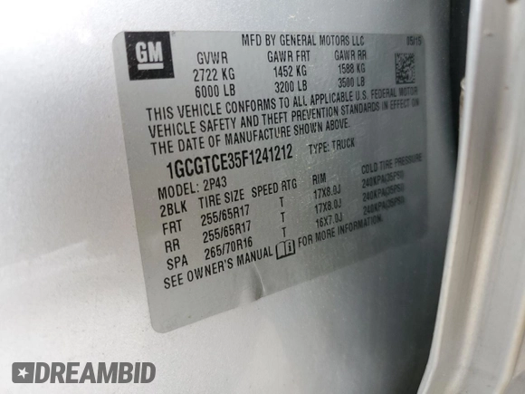 2015 Chevrolet Colorado 4WD Z71 with VIN 1GCGTCE35F1241212, listed as a Copart auction lot 57625975 with 195,988 mi miles and Salvage title. Bid and sale history available at DreamBid. Image 12.