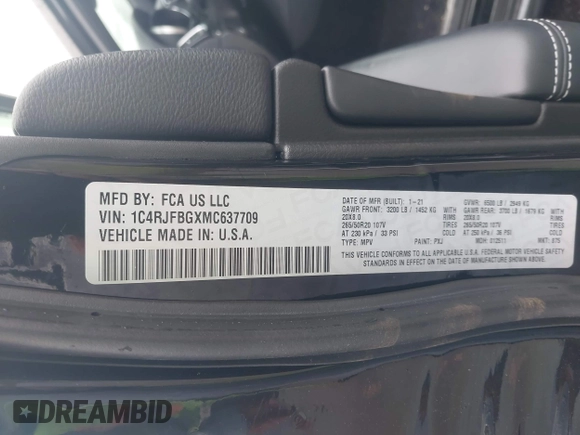 2021 Jeep Grand Cherokee Limited with VIN 1C4RJFBGXMC637709, listed as a IAAI auction lot 42343424 with 51,318 mi miles and . Bid and sale history available at DreamBid. Image 9.