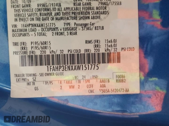 2010 Ford Focus S z VIN 1FAHP3ENXAW151775, wystawiony jako Copart lot #57414465 z przebiegiem Nie podano mil oraz Szkoda całkowita • Salvage title. Historia ofert i sprzedaży dostępna na DreamBid. Obrazek 13.