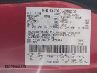 2008 Ford Explorer XLT with VIN 1FMEU63E18UA79599, listed as a IAAI auction lot 42612985 with 307,298 mi miles and . Bid and sale history available at DreamBid. Image 9.