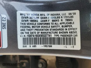 2009 Honda Civic Sdn LX with VIN 19XFA165X9E037741, listed as a Copart auction lot 53134445 with 50,101 mi miles and Salvage Title. Bid and sale history available at carsss.com. Image 12.