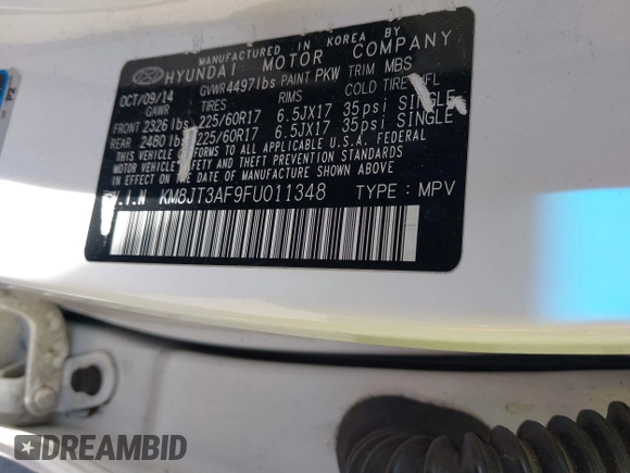 2015 Hyundai Tucson GLS with VIN KM8JT3AF9FU011348, listed as a IAAI auction lot 41860519 with 68,629 mi miles and . Bid and sale history available at DreamBid. Image 9.