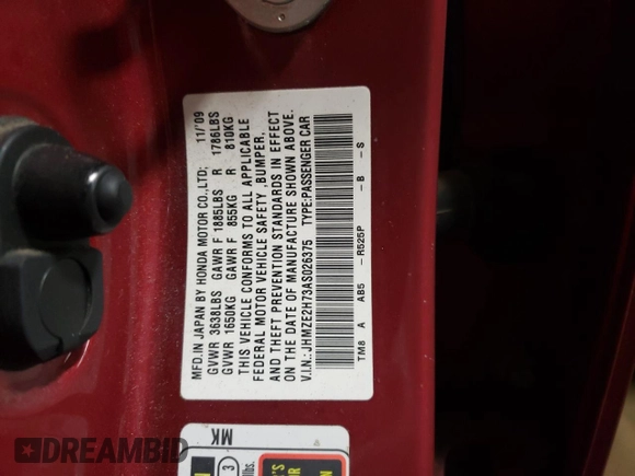 2010 Honda Insight EX with VIN JHMZE2H73AS026375, listed as a Copart auction lot 88539225 with 139,124 mi miles and Salvage Title. Bid and sale history available at DreamBid. Image 12.