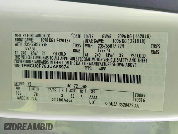 2018 Ford Escape S z VIN 1FMCU0F78JUA56974, wystawiony jako IAAI lot #42232294 z przebiegiem 63 511 mil mil oraz . Historia ofert i sprzedaży dostępna na DreamBid. Obrazek 9.