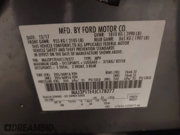 2018 Ford EcoSport SE with VIN MAJ3P1TE4JC178277, listed as a IAAI auction lot 40967439 with 69,089 mi miles. Bid and sale history available at carsss.com. Image 9.