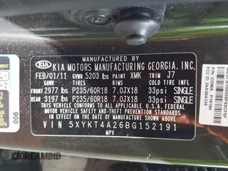 2011 Kia Sorento LX with VIN 5XYKT4A26BG152191, listed as a IAAI auction lot 42257365 with 198,595 mi miles and . Bid and sale history available at DreamBid. Image 9.