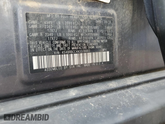 2010 Subaru Outback Premium All-Weather Anniversary with VIN 4S4BRBCC4A3378883, listed as a Copart auction lot 65014885 with 217,808 mi miles and Clean title. Bid and sale history available at DreamBid. Image 12.