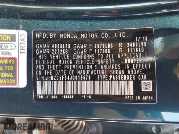 2018 Honda Clarity Touring with VIN JHMZC5F34JC015578, listed as a Copart auction lot 54193505 with 92,510 mi miles and Salvage Title. Bid and sale history available at DreamBid. Image 13.