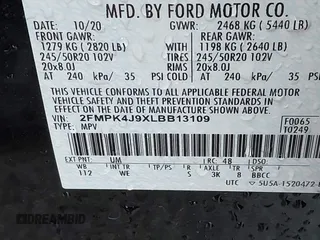2020 Ford Edge SEL with VIN 2FMPK4J9XLBB13109, listed as a IAAI auction lot 41554201 with 72,117 mi miles. Bid and sale history available at carsss.com. Image 9.