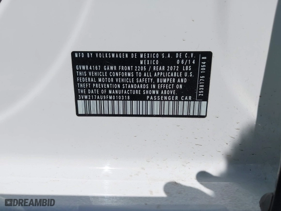 2015 Volkswagen Golf TSI SEL with VIN 3VW217AU9FM010318, listed as a IAAI auction lot 41895333 with 1 mi miles. Bid and sale history available at carsss.com. Image 9.