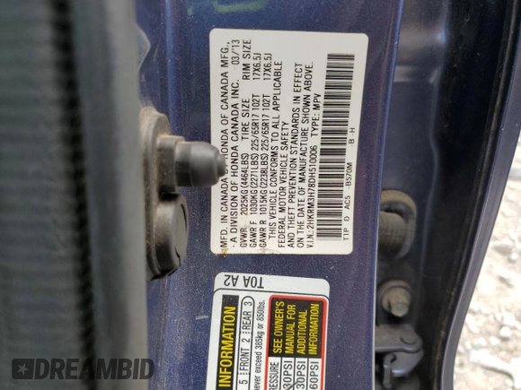 2013 Honda CR-V EX-L with VIN 2HKRM3H78DH510006, listed as a Copart auction lot 55934845 with 267,218 mi miles and Clean Title. Bid and sale history available at DreamBid. Image 13.