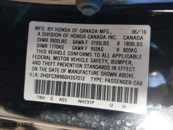 2016 Honda Civic Coupe Touring with VIN 2HGFC3B96GH357012, listed as a IAAI auction lot 41295294 with NaN miles. Bid and sale history available at carsss.com. Image 9.