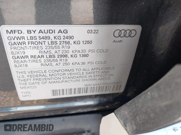2022 Audi Q5 Sportback S line Premium с VIN WA14AAFY3N2090977, выставлен на аукционе IAAI как лот 42174322 с пробегом Не указан миль и . История ставок и продаж доступна на DreamBid. Изображение 9.
