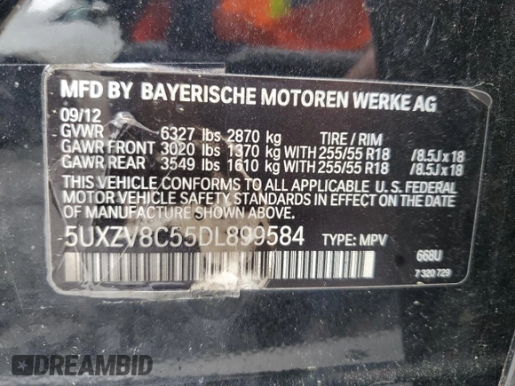 2013 BMW X5 xDrive50i with VIN 5UXZV8C55DL899584, listed as a Copart auction lot 54257745 with 111,367 mi miles and Clean title. Bid and sale history available at DreamBid. Image 13.
