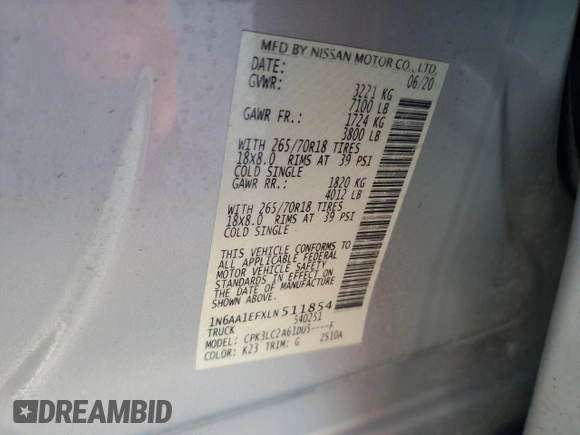 2020 Nissan Titan Platinum Reserve with VIN 1N6AA1EFXLN511854, listed as a Copart auction lot 83450044 with 75,894 mi miles and Salvage title. Bid and sale history available at DreamBid. Image 14.