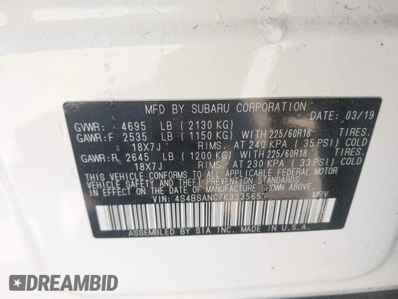 2019 Subaru Outback Limited with VIN 4S4BSANC7K3335653, listed as a IAAI auction lot 42124984 with 60,419 mi miles and . Bid and sale history available at DreamBid. Image 9.