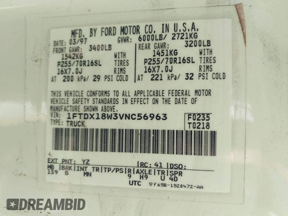 1997 Ford F-150 XL с VIN 1FTDX18W3VNC56963, выставлен на аукционе IAAI как лот 42527974 с пробегом 196 378 миль миль и . История ставок и продаж доступна на DreamBid. Изображение 9.