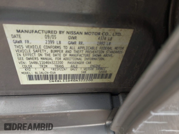 2006 Nissan Altima SE z VIN 1N4BL11D46N322200, wystawiony jako IAAI lot #42131619 z przebiegiem 248 538 mil mil oraz . Historia ofert i sprzedaży dostępna na DreamBid. Obrazek 9.