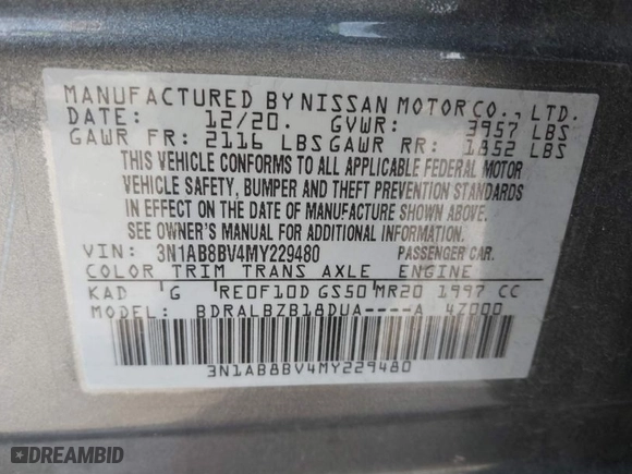 2021 Nissan Sentra S with VIN 3N1AB8BV4MY229480, listed as a IAAI auction lot 41680652 with 102,659 mi miles. Bid and sale history available at carsss.com. Image 9.
