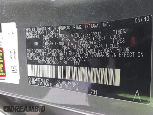2011 Toyota Sienna XLE AAS with VIN 5TDYK3DC7BS041020, listed as a IAAI auction lot 42218328 with Not Provided miles and . Bid and sale history available at DreamBid. Image 9.