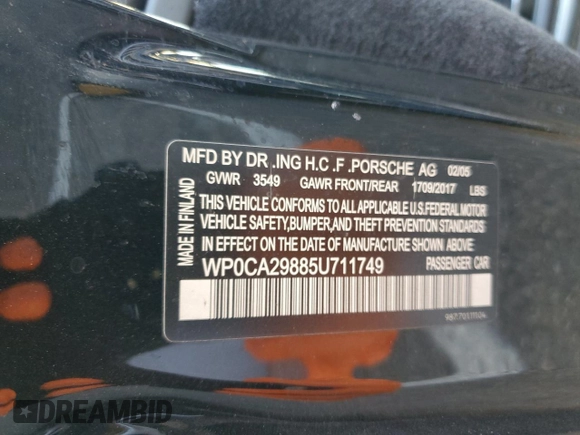 2005 Porsche Boxster z VIN WP0CA29885U711749, wystawiony jako Copart lot #84301684 z przebiegiem 272 856 mil mil oraz Szkoda całkowita • Salvage title. Historia ofert i sprzedaży dostępna na DreamBid. Obrazek 12.