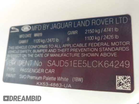 2020 Jaguar F-Type with VIN SAJD51EE5LCK64249, listed as a IAAI auction lot 41238891 with 44,252 mi miles and . Bid and sale history available at DreamBid. Image 9.